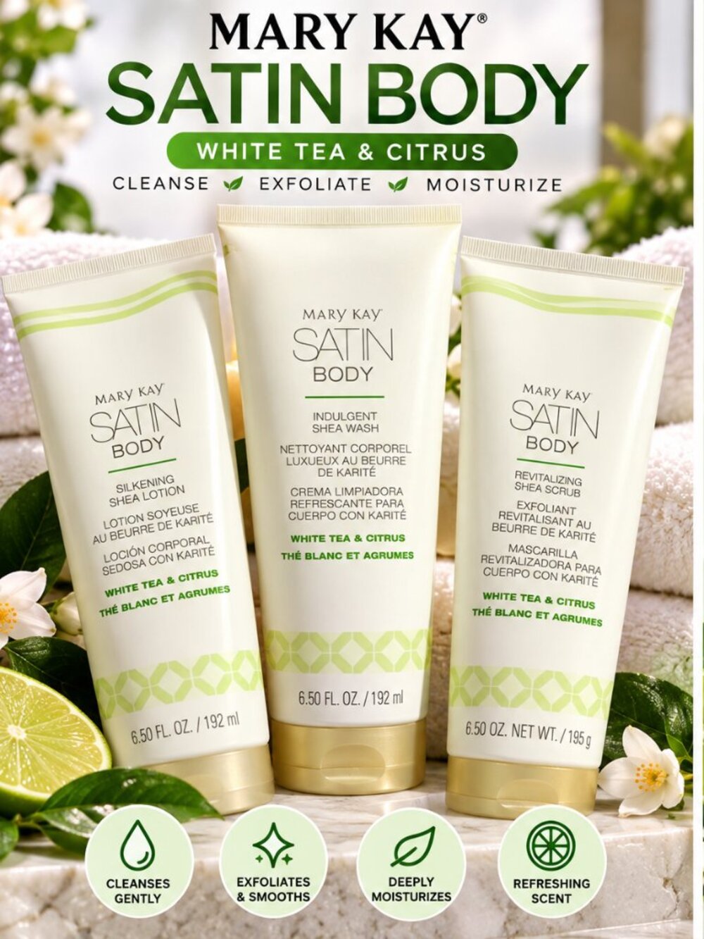 Brand New MaryKay White Tea & Citrus Satin Body Wash, Lotion, and Scrub!!!